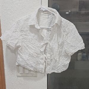 White Eyelet Tie-Front Crop Top